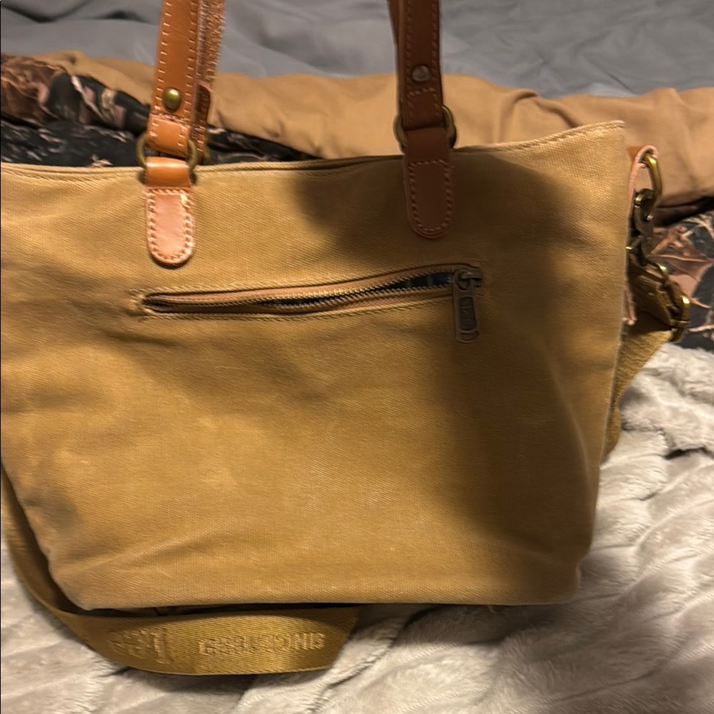 Lee Tan and Brown Duffel Bag with Leather Accents - Picture 2 of 3